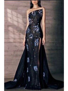Tony Ward Pret-A-Porter Flowers Embroidered Black Tulle Dress